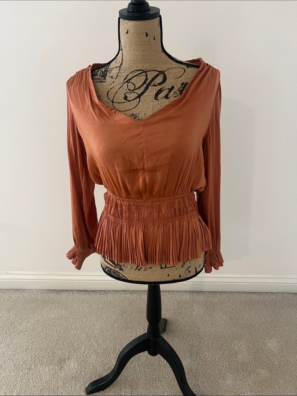 Philosophy Rust Long Sleeve Smocked Peplum Top